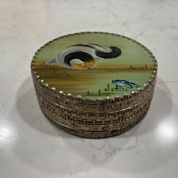 Rare Vintage Cat & Frog Jewelry Vanity Trinket Box Asian Make Up Mirror 1930-50s - Picture 5 of 8